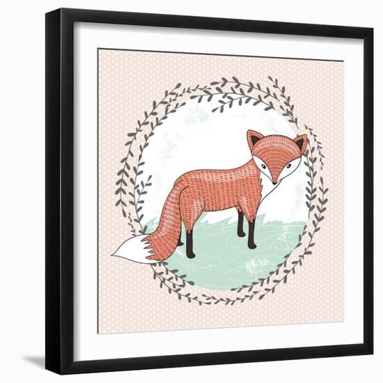 Cute Little Fox Illustration for Children.-cherry blossom girl-Framed Art Print