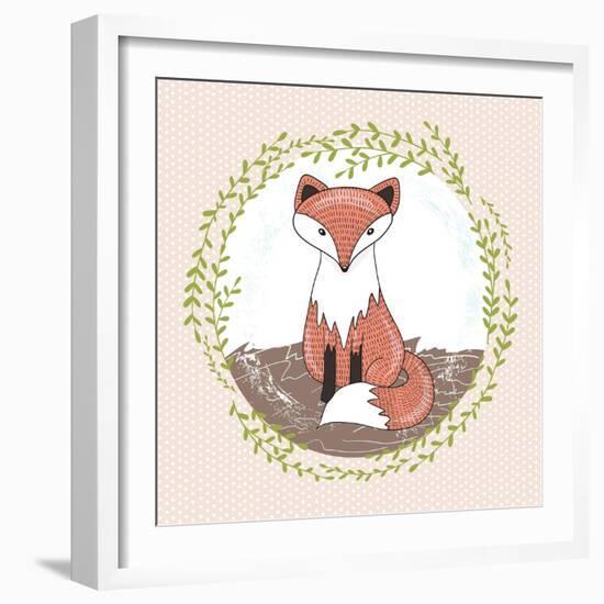 Cute Little Fox Illustration for Children.-cherry blossom girl-Framed Art Print