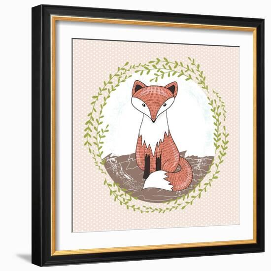 Cute Little Fox Illustration for Children.-cherry blossom girl-Framed Art Print