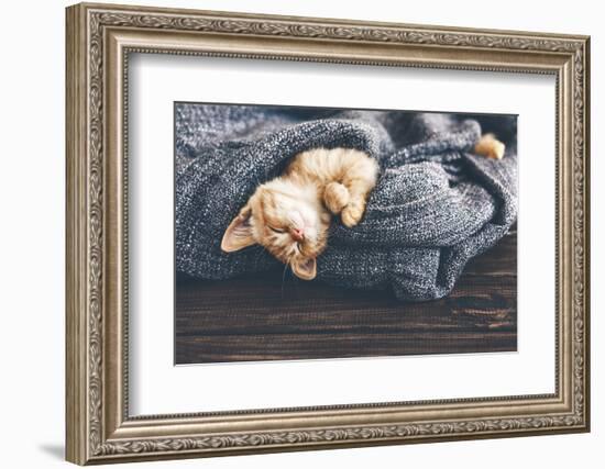 Cute Little Ginger Kitten is Sleeping in Soft Blanket on Wooden Floor-Alena Ozerova-Framed Photographic Print