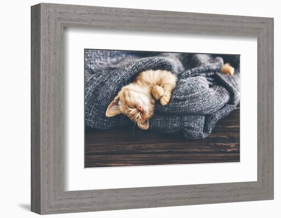 Cute Little Ginger Kitten is Sleeping in Soft Blanket on Wooden Floor-Alena Ozerova-Framed Photographic Print