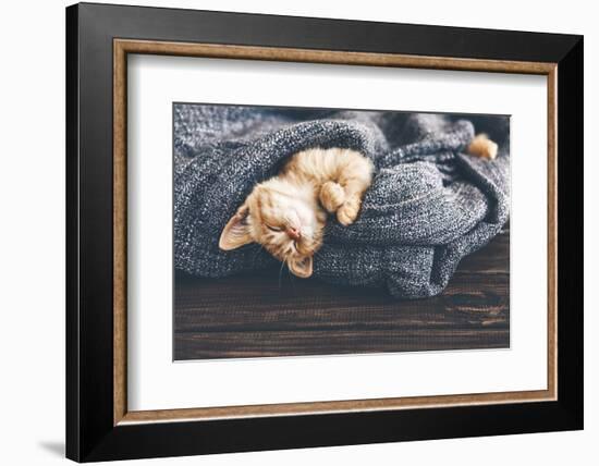 Cute Little Ginger Kitten is Sleeping in Soft Blanket on Wooden Floor-Alena Ozerova-Framed Photographic Print