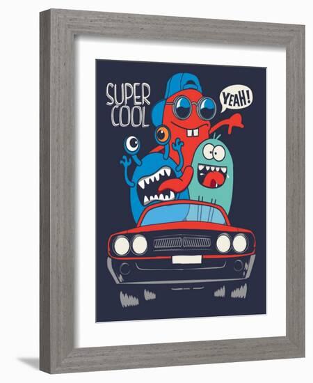 Cute Monsters in Car Vector Design-braingraph-Framed Art Print