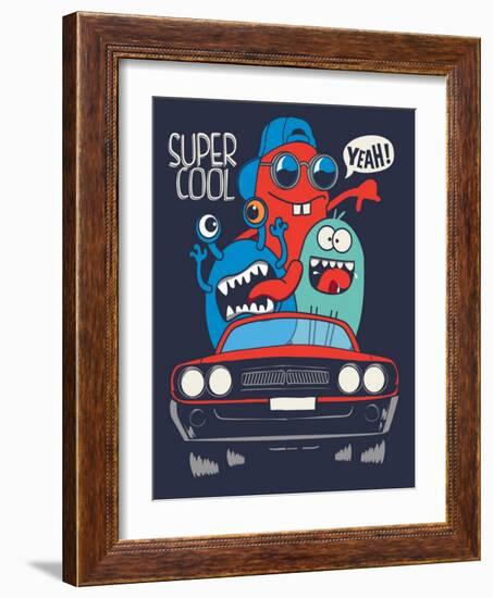 Cute Monsters in Car Vector Design-braingraph-Framed Art Print