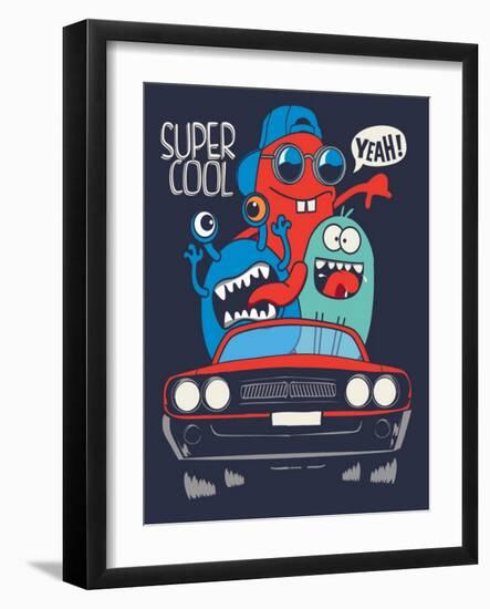 Cute Monsters in Car Vector Design-braingraph-Framed Art Print