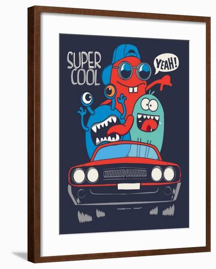 Cute Monsters in Car Vector Design-braingraph-Framed Art Print