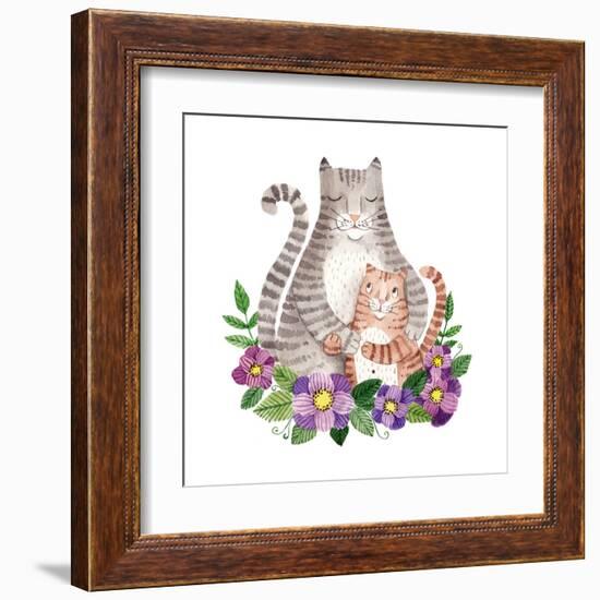 Cute Mother's Day Greeting Card with Cats. Watercolor Illustration-Maria Sem-Framed Art Print