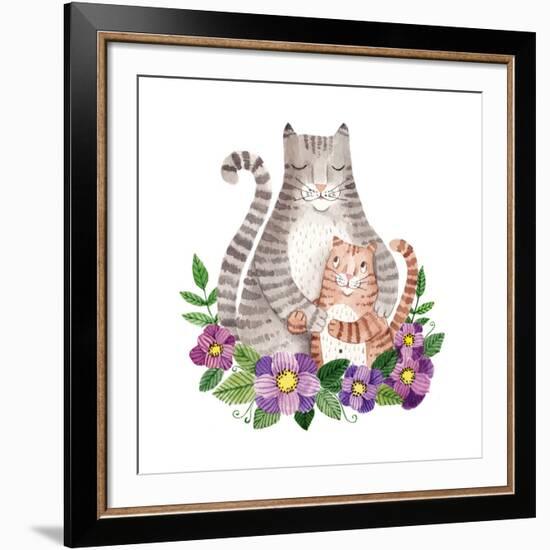 Cute Mother's Day Greeting Card with Cats. Watercolor Illustration-Maria Sem-Framed Art Print