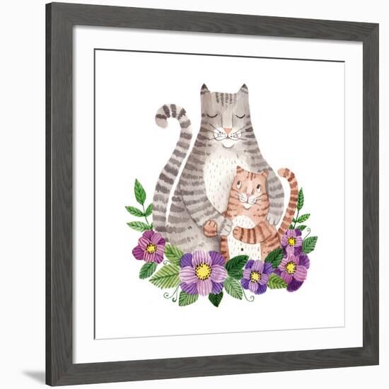 Cute Mother's Day Greeting Card with Cats. Watercolor Illustration-Maria Sem-Framed Art Print