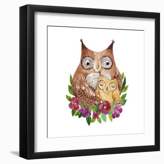 Cute Mother's Day Greeting Card with Owls. Watercolor Illustration-Maria Sem-Framed Art Print