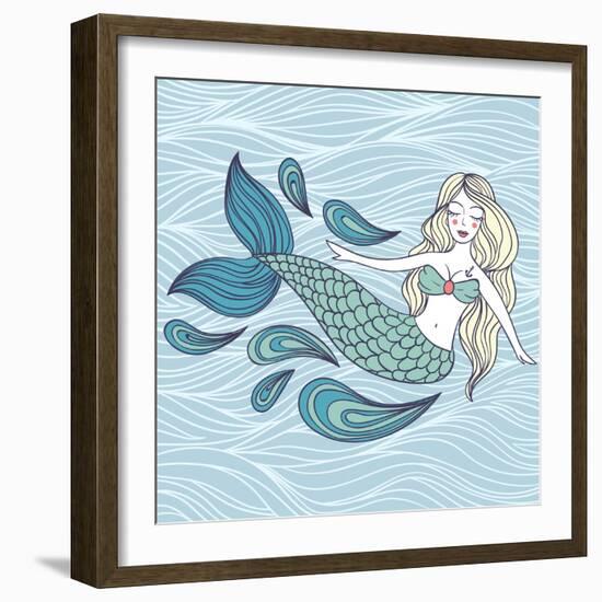 Cute Mystical Mermaid.Deep Ocean.Vector Illustration.Waves Background.-Maria Sem-Framed Art Print