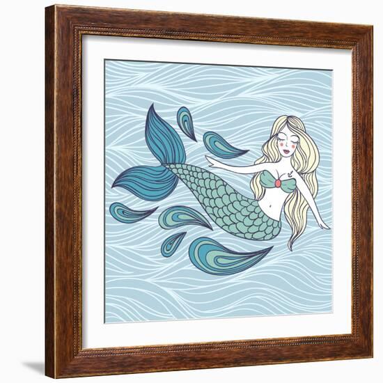 Cute Mystical Mermaid.Deep Ocean.Vector Illustration.Waves Background.-Maria Sem-Framed Art Print