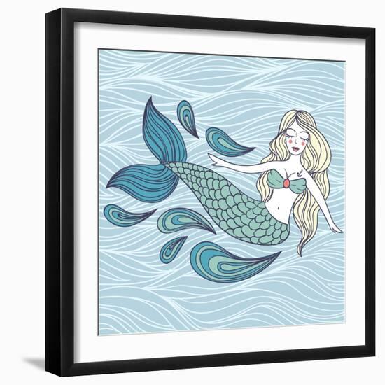 Cute Mystical Mermaid.Deep Ocean.Vector Illustration.Waves Background.-Maria Sem-Framed Art Print
