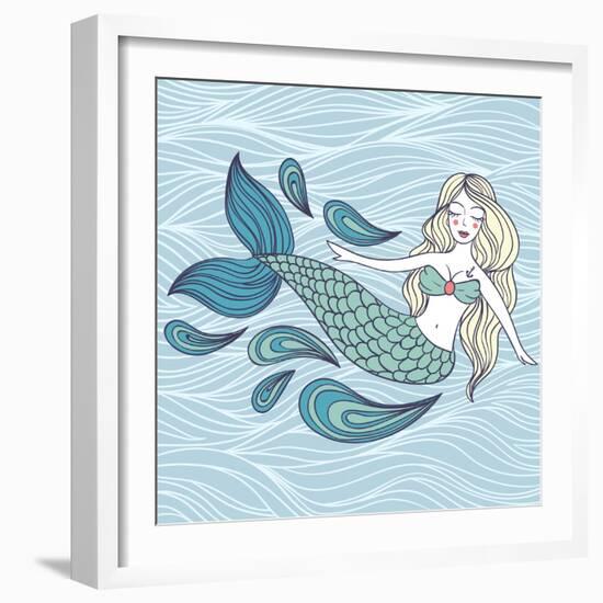 Cute Mystical Mermaid.Deep Ocean.Vector Illustration.Waves Background.-Maria Sem-Framed Art Print