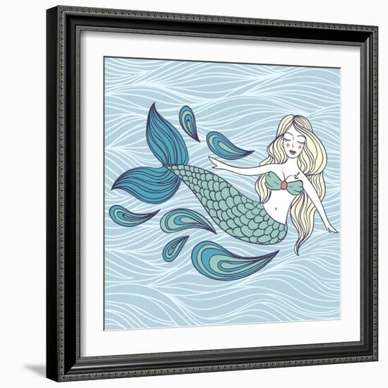 Cute Mystical Mermaid.Deep Ocean.Vector Illustration.Waves Background.-Maria Sem-Framed Art Print