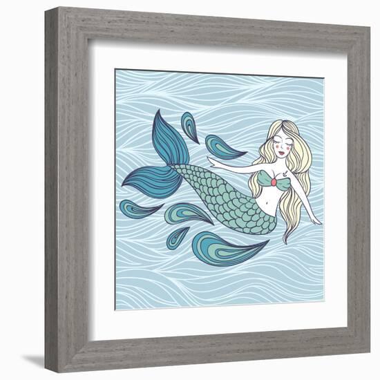 Cute Mystical Mermaid.Deep Ocean.Vector Illustration.Waves Background.-Maria Sem-Framed Art Print