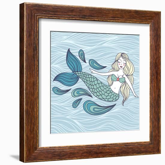 Cute Mystical Mermaid.Deep Ocean.Vector Illustration.Waves Background.-Maria Sem-Framed Art Print