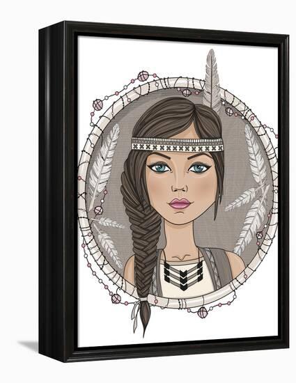 Cute Native American Girl And Feathers Frame-cherry blossom girl-Framed Stretched Canvas