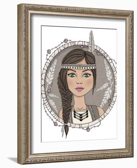 Cute Native American Girl And Feathers Frame-cherry blossom girl-Framed Art Print