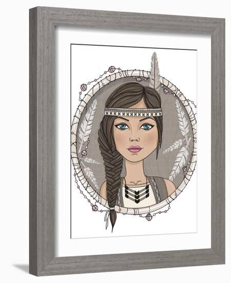 Cute Native American Girl And Feathers Frame-cherry blossom girl-Framed Art Print