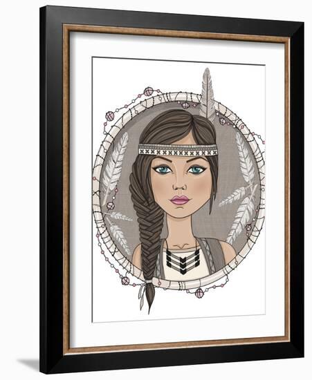 Cute Native American Girl And Feathers Frame-cherry blossom girl-Framed Art Print