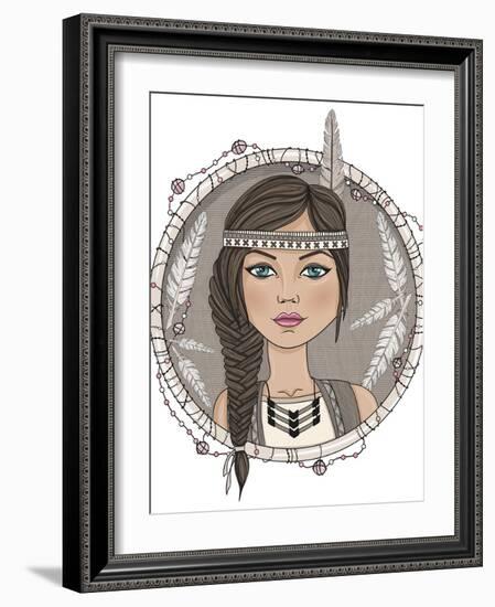 Cute Native American Girl And Feathers Frame-cherry blossom girl-Framed Art Print