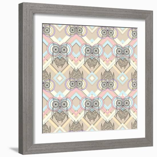 Cute Owl Seamless Pattern with Native Elements-cherry blossom girl-Framed Art Print