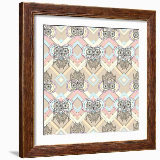 Cute Owl Seamless Pattern with Native Elements-cherry blossom girl-Framed Art Print