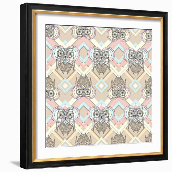 Cute Owl Seamless Pattern with Native Elements-cherry blossom girl-Framed Art Print