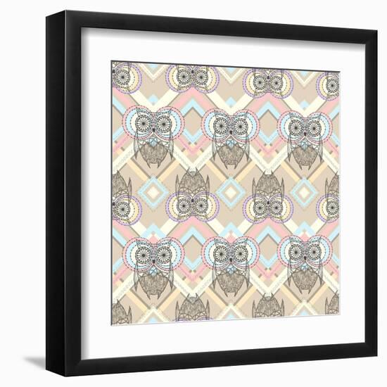 Cute Owl Seamless Pattern with Native Elements-cherry blossom girl-Framed Art Print