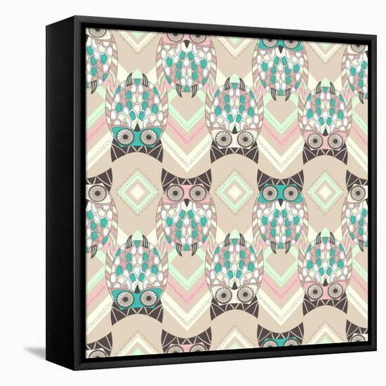 Cute Owl Seamless Pattern with Native Elements-cherry blossom girl-Framed Stretched Canvas