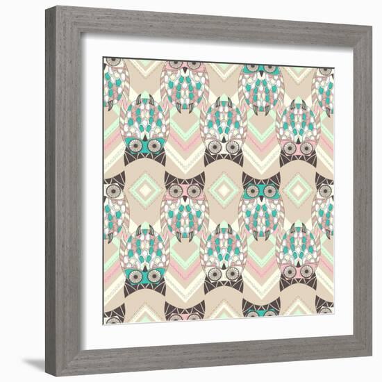 Cute Owl Seamless Pattern with Native Elements-cherry blossom girl-Framed Art Print