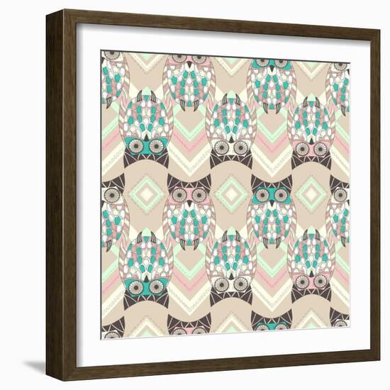 Cute Owl Seamless Pattern with Native Elements-cherry blossom girl-Framed Art Print