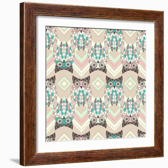 Cute Owl Seamless Pattern with Native Elements-cherry blossom girl-Framed Art Print