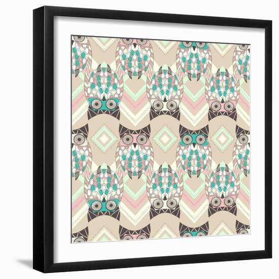 Cute Owl Seamless Pattern with Native Elements-cherry blossom girl-Framed Art Print