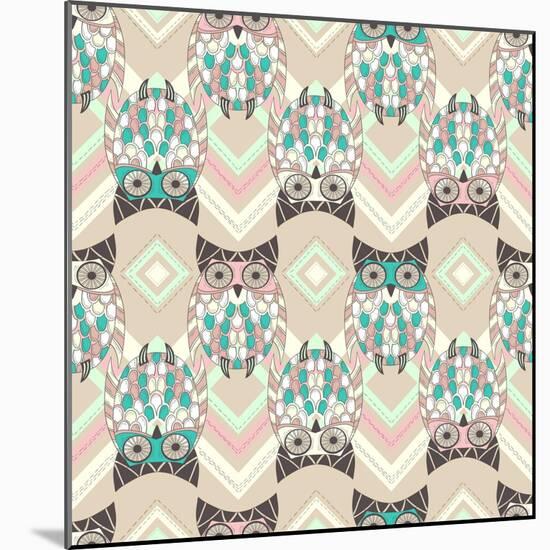 Cute Owl Seamless Pattern with Native Elements-cherry blossom girl-Mounted Art Print