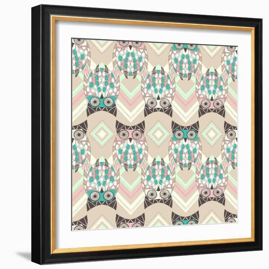 Cute Owl Seamless Pattern with Native Elements-cherry blossom girl-Framed Art Print