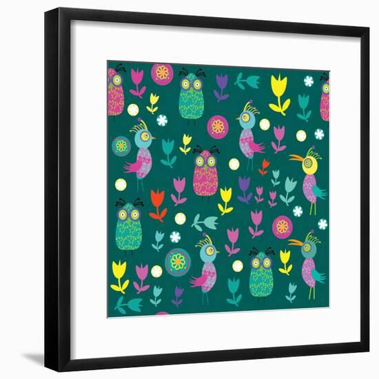 Cute Pattern with Cartoon Birds and Flowers-Luizavictorya72-Framed Art Print