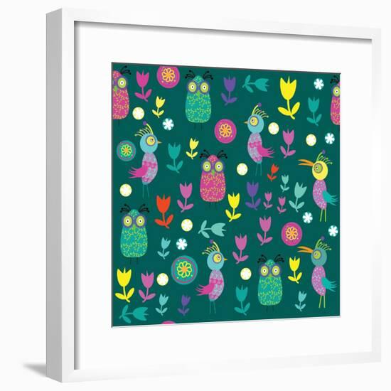 Cute Pattern with Cartoon Birds and Flowers-Luizavictorya72-Framed Art Print