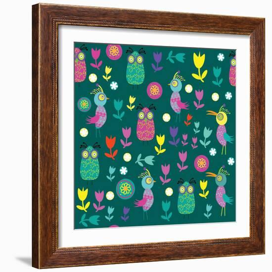 Cute Pattern with Cartoon Birds and Flowers-Luizavictorya72-Framed Art Print