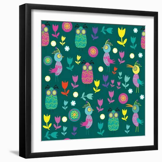 Cute Pattern with Cartoon Birds and Flowers-Luizavictorya72-Framed Art Print