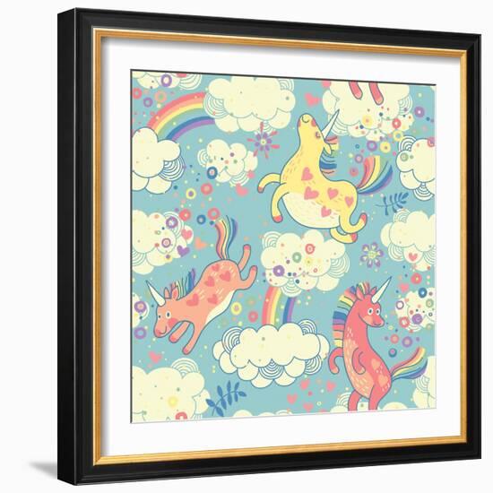 Cute Pattern with Rainbow Unicorns-Baksiabat-Framed Art Print