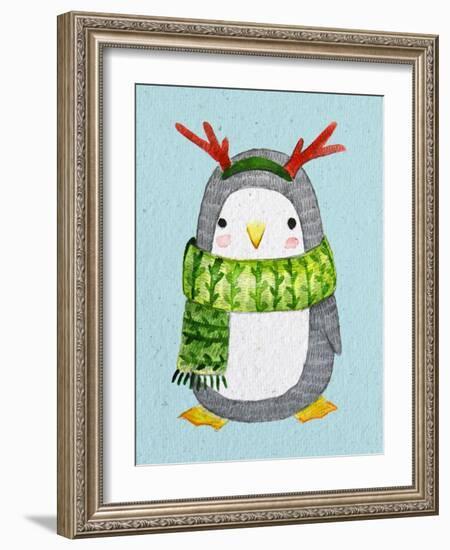 Cute Penguin in Scarf. Watercolor Illustration.Perfect for Christmas Cards.-Maria Sem-Framed Art Print