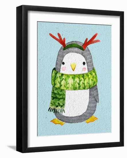 Cute Penguin in Scarf. Watercolor Illustration.Perfect for Christmas Cards.-Maria Sem-Framed Art Print