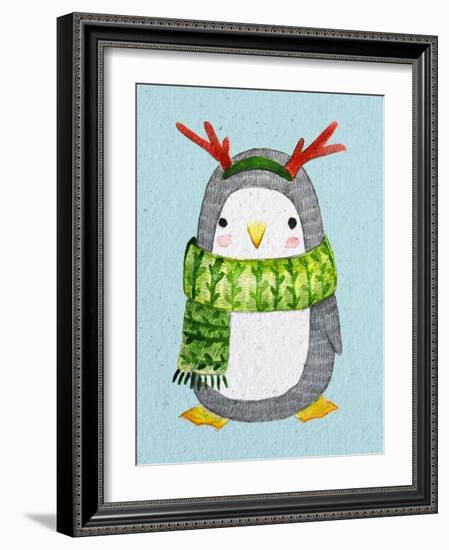 Cute Penguin in Scarf. Watercolor Illustration.Perfect for Christmas Cards.-Maria Sem-Framed Art Print