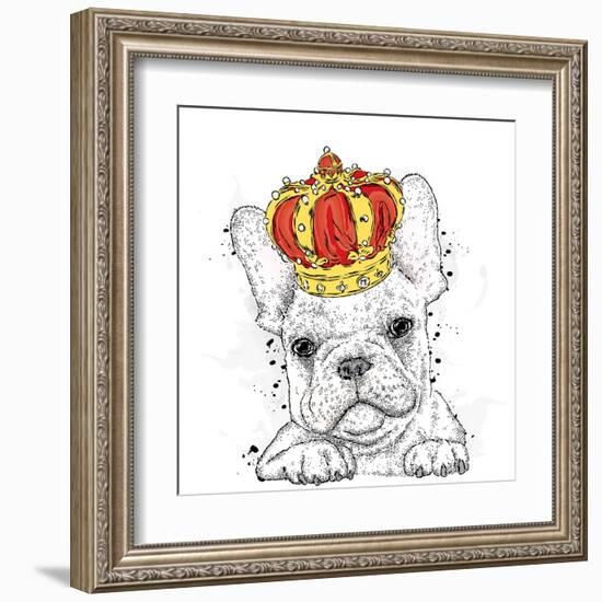 Cute Puppy Wearing a Crown. French Bulldog. Vector Illustration.-Vitaly Grin-Framed Art Print