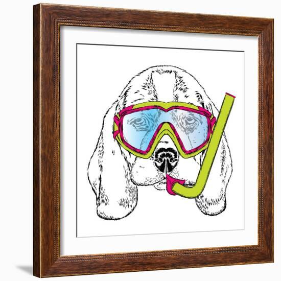Cute Puppy Wearing a Mask for Diving. Vector Illustration. Portrait of a Dog.-Vitaly Grin-Framed Premium Giclee Print