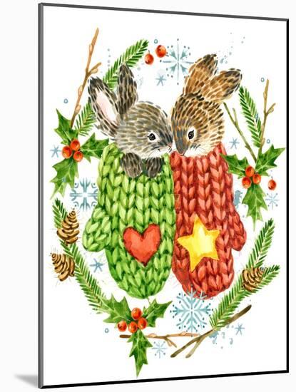 Cute Rabbit. Forest Animal. Christmas Card. Watercolor Winter Holidays Wreath Frame.-Faenkova Elena-Mounted Art Print