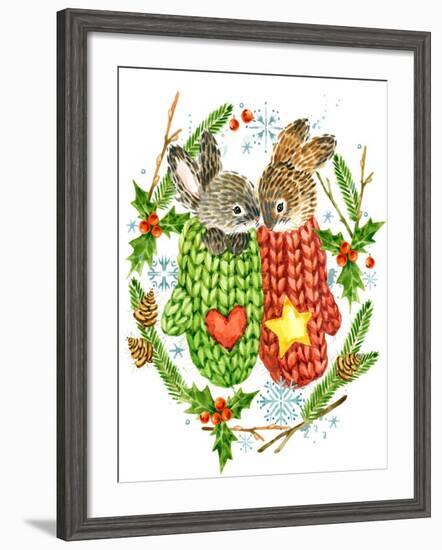 Cute Rabbit. Forest Animal. Christmas Card. Watercolor Winter Holidays Wreath Frame.-Faenkova Elena-Framed Art Print