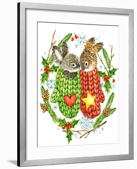 Cute Rabbit. Forest Animal. Christmas Card. Watercolor Winter Holidays Wreath Frame.-Faenkova Elena-Framed Art Print